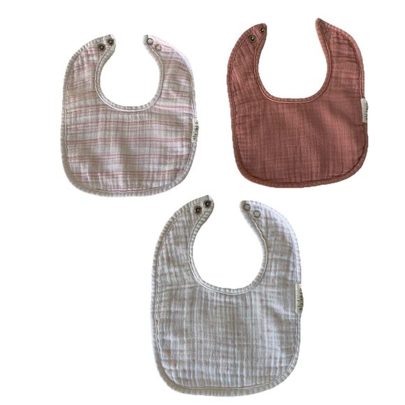 Ely's & Co Muslin Terry Baby Bibs Rose Pink 0-6 Months Qty 3 Solid Stripes Stars - Picture 1 of 9